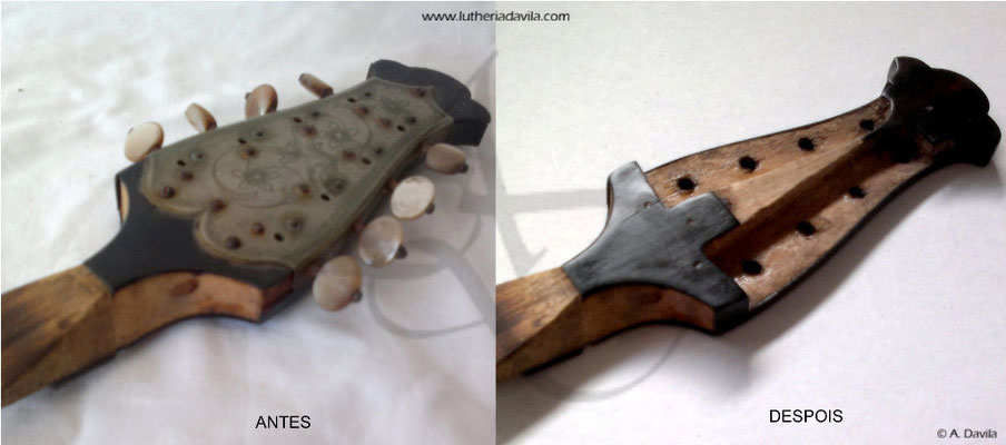 Headstock comparison before and after Raffaele Calace mandolin restoration.