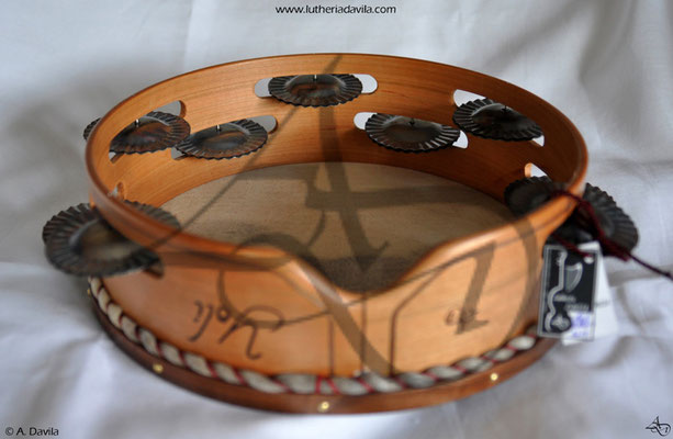 Tambourine 9 pairs of jingles hardened black cherry wood with ring and inlay walnut wood.