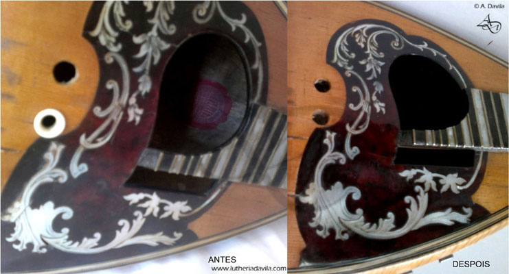 Comparación tapa antes e despois restauración mandolina Raffaele Calace.