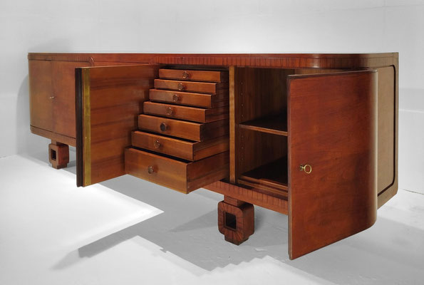 Grand Salon Énfilade Buffet Sideboard Attr. to Jules Leleu, French Master Ébenisterie in Walnut and Macassar, France, 1930-1934 - PN.Modern pnmodern.com