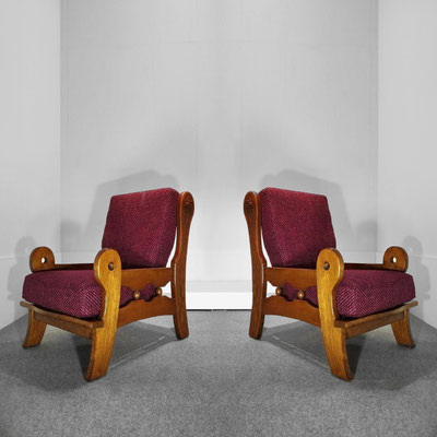 Belgian Brutalist oak Armchairs, Hand-carved Craftsmanship With Violet Chanel Tweed, c.1970 - PN.Modern pnmodern.com