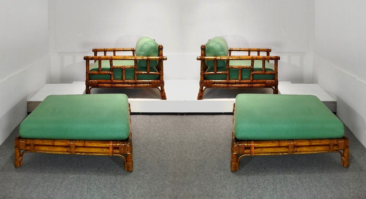  Colin Morrow / Vivai del Sud  "Ming" Lounge Chair, Ottoman (Pair), Bamboo, Upholstered Cushion, Rome, Italy, 1974 - PN.Modern pnmodern.com