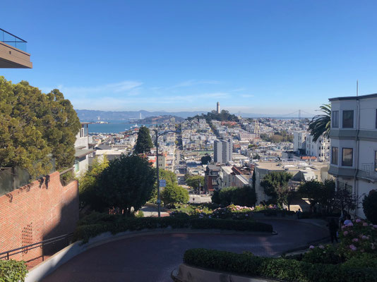 At the top of the famous Lombard Street looking down into the City