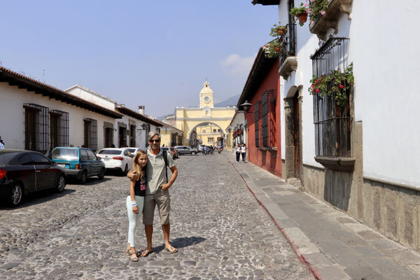 This street is famous for pictures because of the Santa Catalina Arch