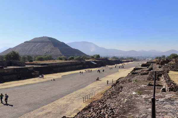 Looking down the road of the dead towards the Pyramid of the sun in Teotihuacan