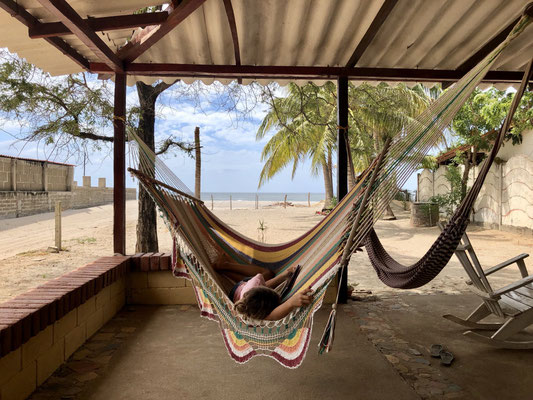 At last we arrive at Los Cocos Hostel in Popoyo - Lynn jumps into the hammock and listens to hear favourite audio dramas...