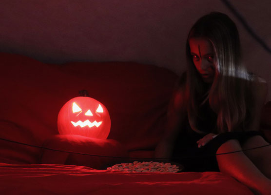 Lynn's Halloween setup with her self made Scarecrow Pumpkin