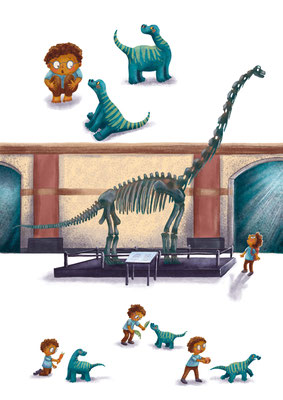 Verschiedene Szenen, Kind und Dinosaurier, Bilderbuch-Illustration Anka Schwelgin 2022 (Auszug Exposé "Der Recyclosaurus")