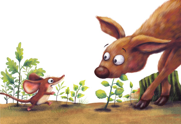 Illustrierte Doppelseite (Maus und Reh) aus dem Bilderbuch "Ich habe einen Traum sagte die kleine Waldmaus", Oetinger-Verlag 2023, Text und Illustration Anka Schwelgin