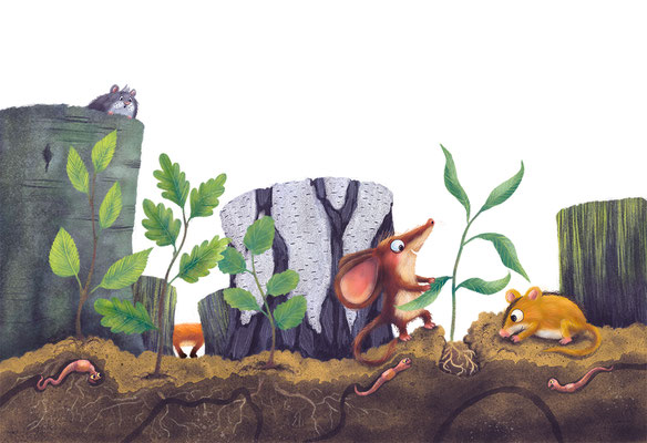 Illustrierte Doppelseite (drei kleine Mäuse pflanzen Bäume) aus dem Bilderbuch "Ich habe einen Traum sagte die kleine Waldmaus", Oetinger-Verlag 2023, Text und Illustration Anka Schwelgin