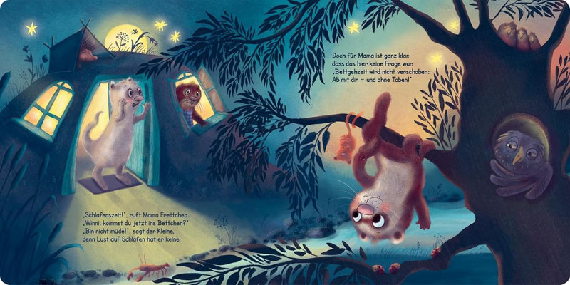 Pappbilderbuch ab 2: Ab ins Bett, Winnifrett! von BrittaSabbag, Illustrationen AnkaSchwelgin, Carlsen-Verlag 2024, Doppelseite