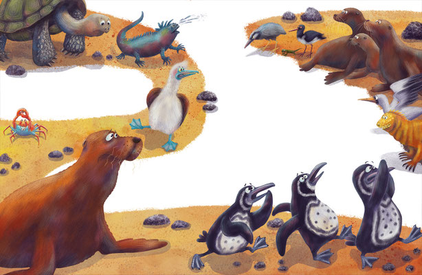 Bilderbuch, Blaufußtölpel und weitere Galapagos-Tierarten, die für einen Tanzwettbewerb üben