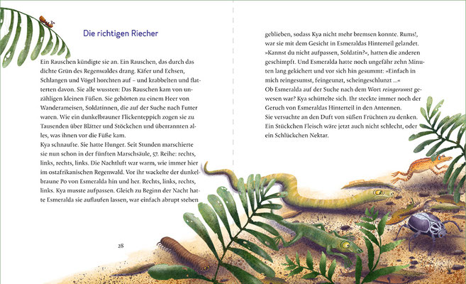 Illustrierte Doppelseite (Wanderameise und fliehende Insekten) aus dem Vorlesebuch "Ist es noch weit? Fünf Tiere gehen auf Wanderschaft"  2023 ellermann, Autorin: Verena Linde, Illustrationen: Anka Schwelgin