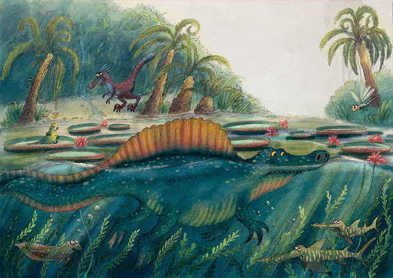 AnkaSchwelgin, Mixed-Media-Illustration, freie Arbeit 2024, Spinosaurier im Wasser