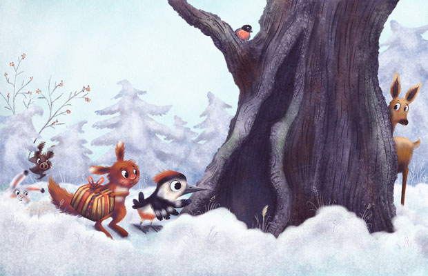 Illustrierte Doppelseite, Bilderbuch "Wach auf, wenn das Christkind kommt" 2023 G&G, Text: Christine Auer, Illustrationen: Anka Schwelgin