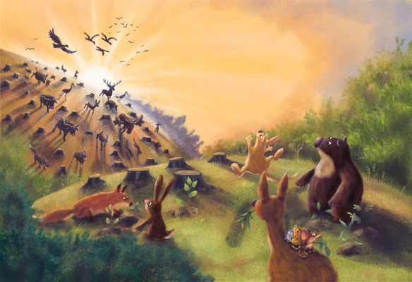 Illustrierte Doppelseite (von überall kommen Tiere) aus dem Bilderbuch "Ich habe einen Traum sagte die kleine Waldmaus", Oetinger-Verlag 2023, Text und Illustration Anka Schwelgin