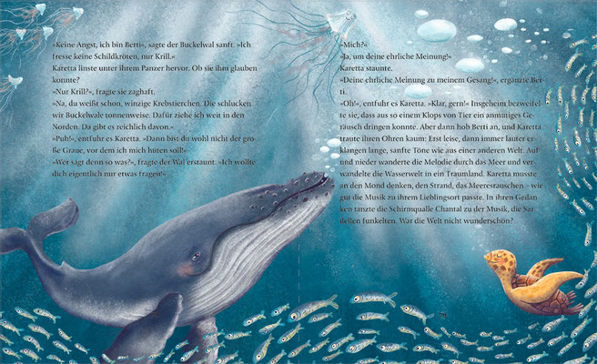 Illustrierte Doppelseite (singender Buckelwal und Unechte Katettschildkröte) aus dem Vorlesebuch "Ist es noch weit? Fünf Tiere gehen auf Wanderschaft"  2023 ellermann, Autorin: Verena Linde, Illustrationen: Anka Schwelgin