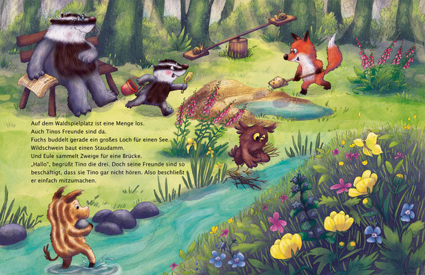 Bilderbuch-Illustration: Waldtiere spielen auf dem Waldspielplatz