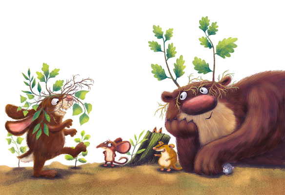 Illustrierte Doppelseite (Bär und Hase machen Quatsch) aus dem Bilderbuch "Ich habe einen Traum sagte die kleine Waldmaus", Oetinger-Verlag 2023, Text und Illustration Anka Schwelgin