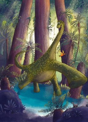 AnkaSchwelgin, Mixed-Media-Illustration, freie Arbeit 2024, Dinosaurier im Wald