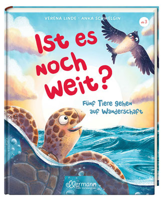 Coverillustration (Unechte Karettschildkröte im Gespräch mit einer Mehlschwalbe) Vorlesebuch "Ist es noch weit? Fünf Tiere gehen auf Wanderschaft"  2023 ellermann, Autorin: Verena Linde, Illustrationen: Anka Schwelgin