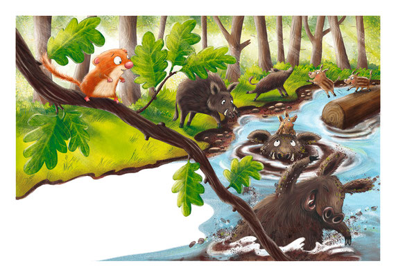 Die Haselmaus trifft Wildschweine im Wald. (Bilderbuch "Oh Schreck! Wer hat sich hier versteckt?"  2022 ellermann, Autorin: Jule Ambach, Illustrationen: Anka Schwelgin)