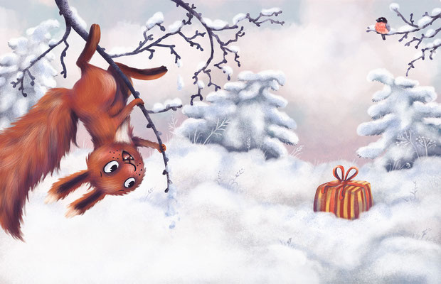 Illustrierte Doppelseite, Bilderbuch "Wach auf, wenn das Christkind kommt" 2023 G&G, Text: Christine Auer, Illustrationen: Anka Schwelgin