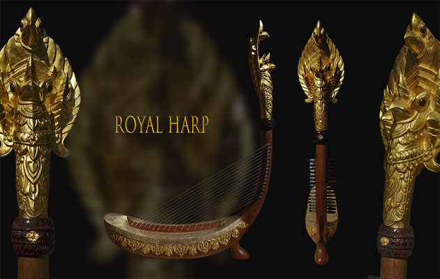The Garuda harp offered to His Majesty King Norodom Sihamoni by Cambodian Living Arts in 2019. Rebuilt by Patrick Kersalé from a bas-relief of the Elephant Terrasse.