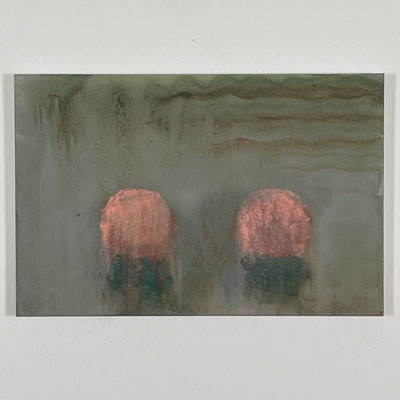 "Rosa-Grün Kugeln", 2021, Öl auf Papier auf Alu-Dibond, 25 x 38 cm 