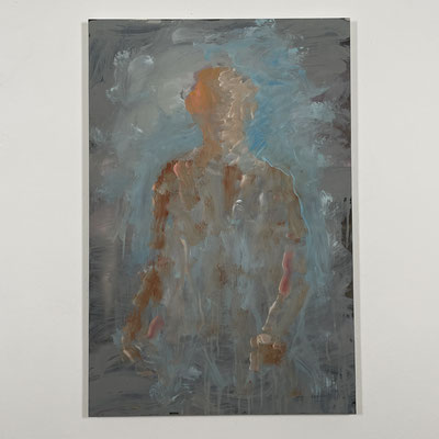 "Figur in Blau-Braun", 2022, Öl auf Papier auf Alu-Dibond, 100 x 70 cm 