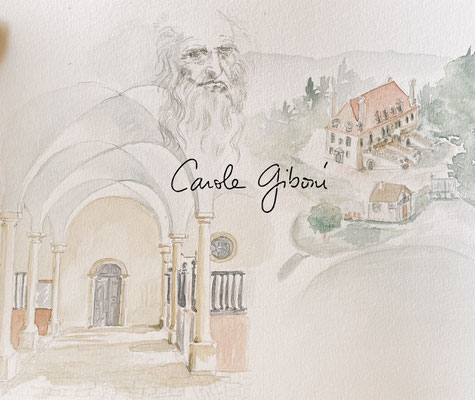 Les écuries du Château de Chaumont, à St Bonnet de Joux, où a lieu le spectacle Le Songe de La Fontaine, aquarelle Carole Giboni ; dessin de Léonard de Vinci d'après un autoportrait