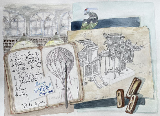 Illustration spectacle Jules Verne collages dessin aquarelle Carole Giboni Bourgogne écuries de chaumont 71