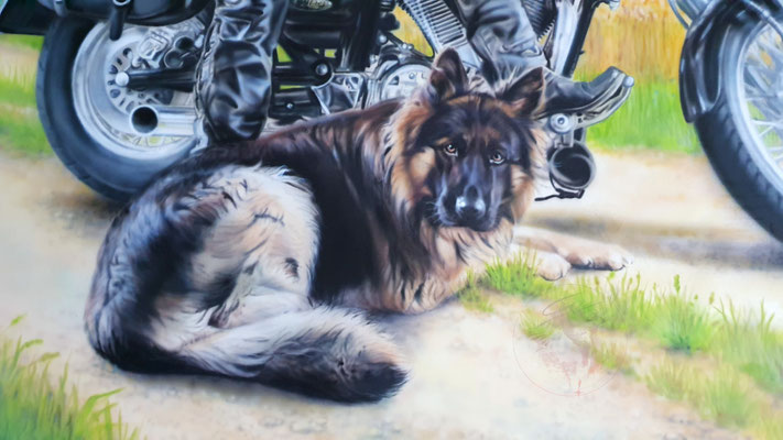 "Biker Jörg auf Ausfahrt mit Hund Oskar", Wandbild, Airbrush, Auftragsmalerei