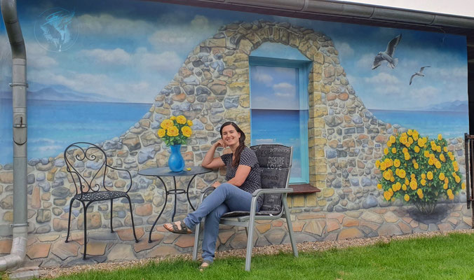 "Zu Hause im Urlaub", Wandmalerei, Kombination aus Airbrush- und Pinseltechnik, Auftragsmalerei