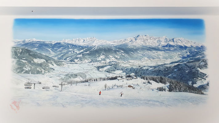 "Abfahrt in Flachau", Wandmalerei, Auftragsmalere