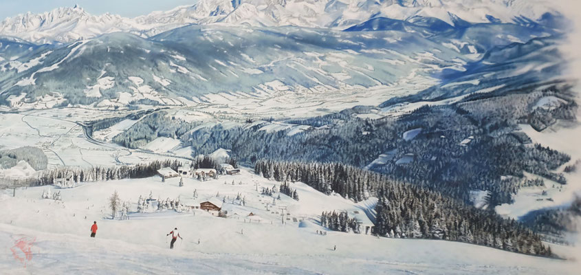 "Abfahrt in Flachau", Wandmalerei, Auftragsmalere