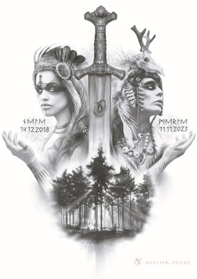 "Im Schutz der Vanen", Design für ein Rückentattoo, Auftragsmalerei am Grafiktablett