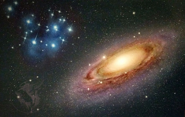 "Andromeda und Plejaden", Airbrush auf Karton