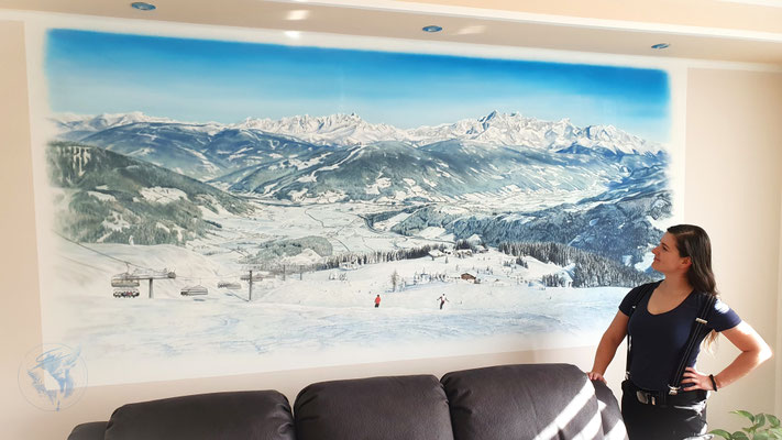 "Abfahrt in Flachau", Wandmalerei, Auftragsmalere
