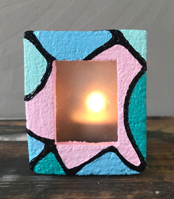 Waxinehouder vierkant roze blauw groen - 10 x 12 cm