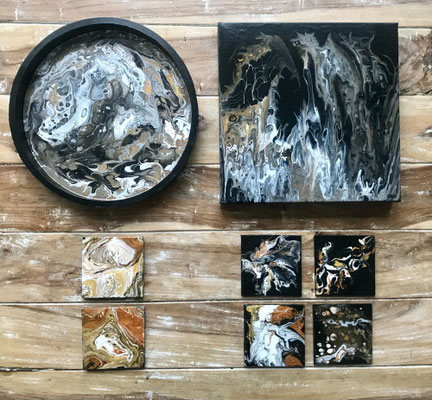 Pouring Art - dienblad 31 cm - schilderij 30 x 30 cm - onderzetters 10 x 10 cm