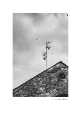 Giebel eines Steinhauses mit Antenne. Künstlerisches Schwarz Weiss Foto von Sebastian Schieder, Fotograf Regensburg.