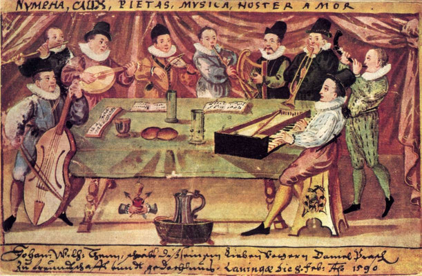 Collegium musicum from Gymnasium illustre at Lauingen, Germany, Tempera on paper, Stammbuchblatt 1590, Owner Dr. M. Wandersleb