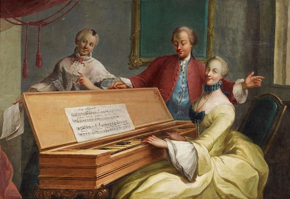 „Aria Allegretto“. Vornehme Dame am Cembalo. Öl auf Leinwand. Deutsch 18. Jh.