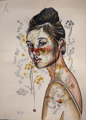 "Portrait sur archive N° 4 - 20 x 30 - 250 € - ORIGINAL - Portrait réalisé sur papier archive textile ancienne pour la soierie. Le portrait est peint aux encres de couleur et