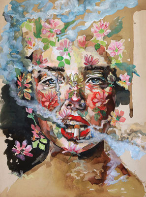 "Portrait sur archive N° 8 - 20 x 30 - 250 € - ORIGINAL -Portrait réalisé sur papier archive textile ancienne pour la soierie. Le portrait est peint aux encres de couleur