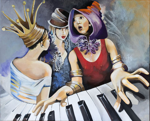 Le piano - 81 X 100 - Huile et acrylique sur toile - 2400€ - Ici une musicienne joue du piano et deux groupies écoutent la mélodie. Ces trois personnages sont enveloppés par la musique. C’est une scène de fête, une réception déguisée. La pianiste est tran