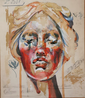 "Portrait sur archive N° 7 - 25 x 28,5 - 250 € - ORIGINAL -Portrait réalisé sur papier archive textile ancienne pour la soierie. Le portrait est peint aux encres de couleur et