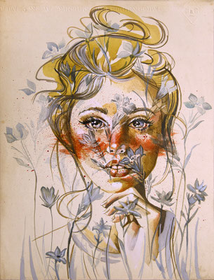 "Portrait sur archive N° 12  - 23,5 x 34 - 250 €  ORIGINAL VENDU -Portrait réalisé sur papier archive textile ancienne pour la soierie. Le portrait est peint aux encres de couleur