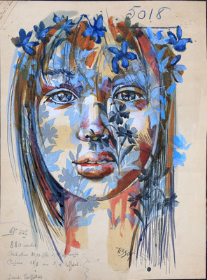 "Portrait sur archive N° 3 - 25 x 31 - 250 € - ORIGINAL -Portrait réalisé sur papier archive textile ancienne pour la soierie. Le portrait est peint aux encres de couleur